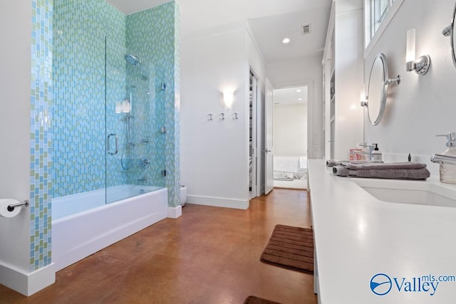 full bath featuring shower / bathing tub combination, concrete flooring, visible vents, recessed lighting, and baseboards