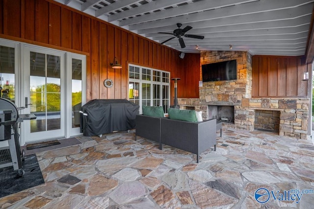 view of patio / terrace with ceiling fan, outdoor lounge area, and a grill