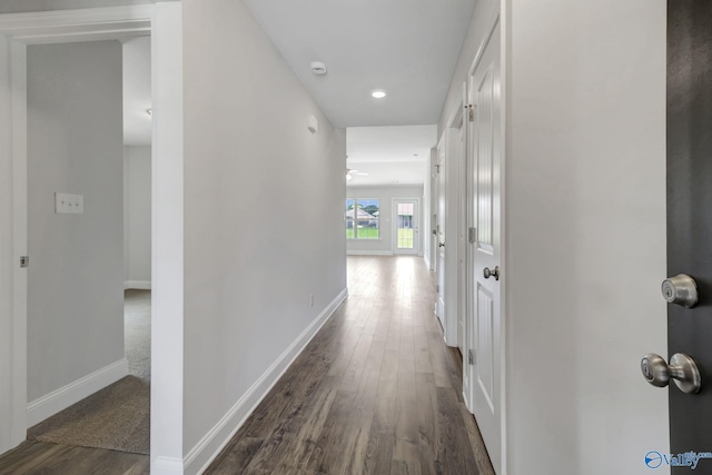 corridor with dark hardwood / wood-style flooring