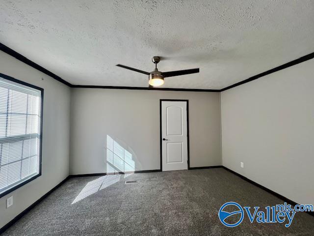 carpeted empty room with a textured ceiling, ceiling fan, and crown molding