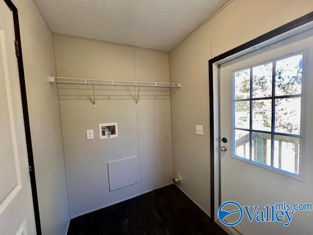 clothes washing area featuring hookup for a washing machine, dark hardwood / wood-style flooring, and a textured ceiling