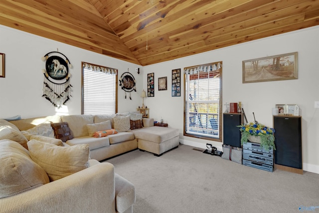 living room with wooden ceiling, carpet floors, and high vaulted ceiling