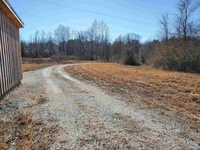 view of road with driveway and a wooded view