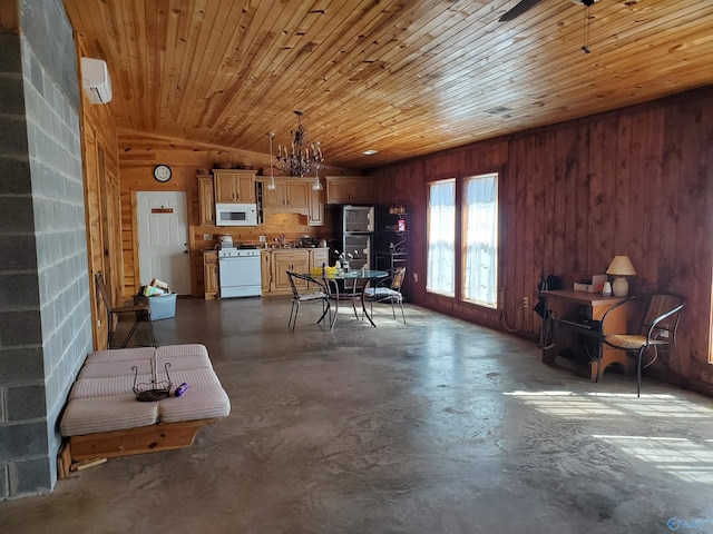 unfurnished dining area featuring concrete floors, a wall mounted AC, and wood ceiling