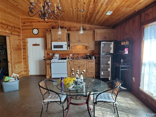 kitchen featuring a wealth of natural light, white appliances, wooden ceiling, and wooden walls