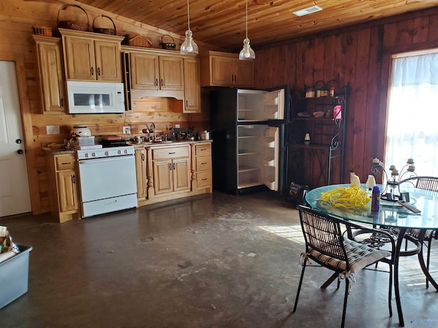 kitchen with concrete floors, white appliances, wooden ceiling, and wood walls