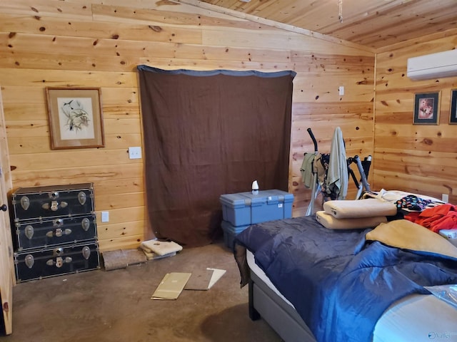 bedroom featuring lofted ceiling, a wall mounted AC, wood ceiling, wood walls, and concrete flooring