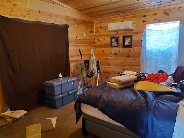 bedroom with wooden ceiling, wooden walls, vaulted ceiling, and an AC wall unit