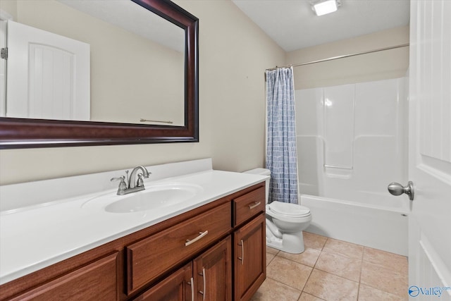 full bathroom with toilet, tile patterned floors, shower / bath combo, and vanity