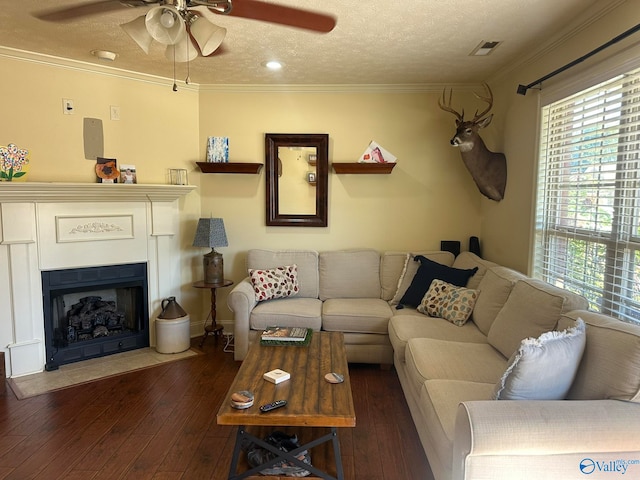 living room with a textured ceiling, ceiling fan, crown molding, and dark hardwood / wood-style floors