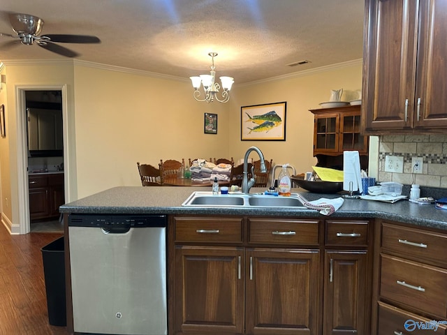 kitchen with dishwasher, dark hardwood / wood-style floors, decorative backsplash, ceiling fan with notable chandelier, and sink