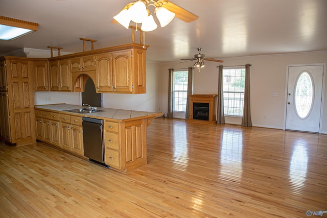 kitchen with light wood finished floors, tile counters, a glass covered fireplace, stainless steel dishwasher, and a sink