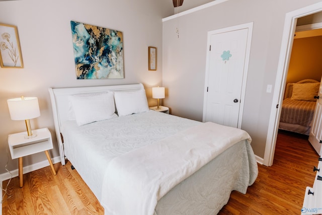 bedroom featuring wood-type flooring and a closet