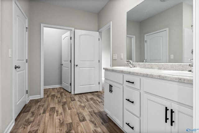 bathroom featuring double vanity and hardwood / wood-style flooring