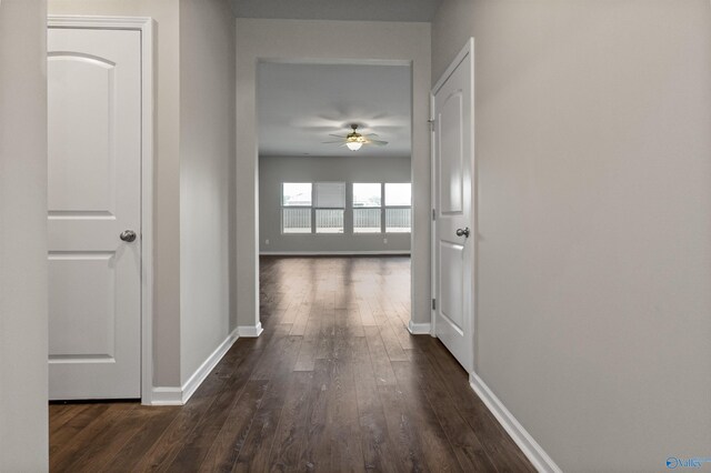 corridor featuring dark wood-type flooring