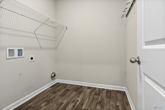 laundry area with dark wood-type flooring, washer hookup, baseboards, hookup for an electric dryer, and laundry area