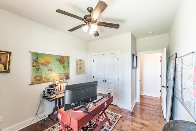 office featuring hardwood / wood-style flooring and ceiling fan