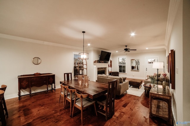 dining space featuring crown molding, ceiling fan, and dark hardwood / wood-style floors