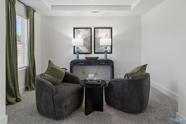 sitting room with carpet flooring and a tray ceiling