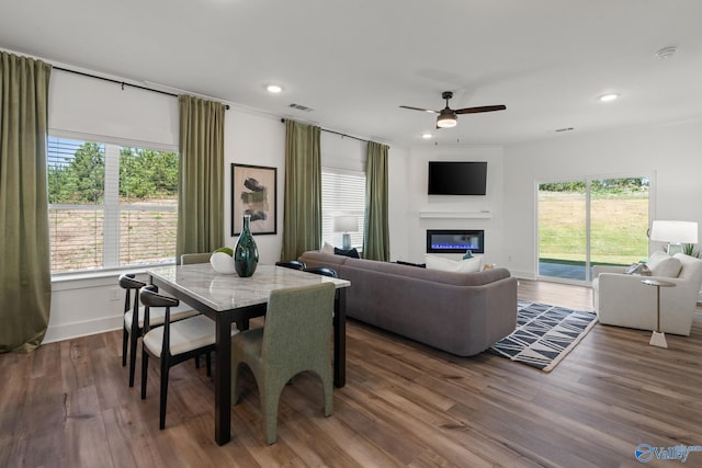 dining space featuring hardwood / wood-style flooring and ceiling fan