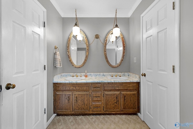 708 Apache St NW, Hartselle, AL 35640 - full bath featuring crown molding, double vanity, and baseboards