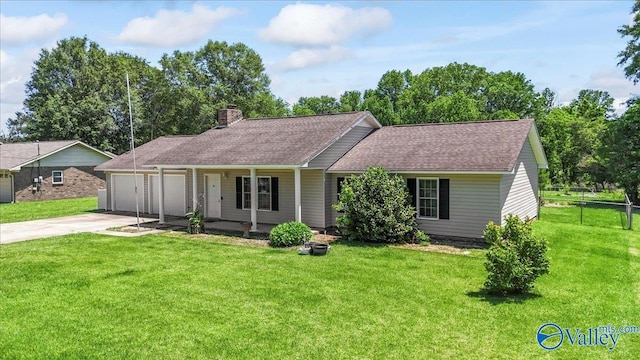 304 Ohara Dr, Albertville, AL 35950 - ranch-style home featuring a garage, concrete driveway, a chimney, a shingled roof, and a porch