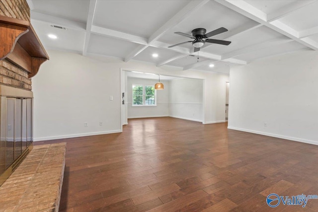 304 Ohara Dr, Albertville, AL 35950 - unfurnished living room with coffered ceiling, baseboards, a ceiling fan, dark wood-style floors, and beam ceiling