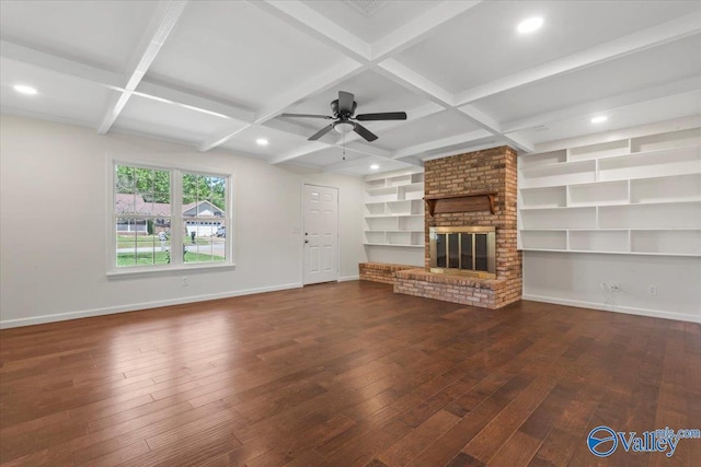 304 Ohara Dr, Albertville, AL 35950 - unfurnished living room featuring hardwood / wood-style flooring, coffered ceiling, baseboards, recessed lighting, and beamed ceiling
