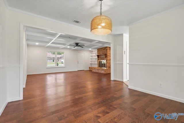 304 Ohara Dr, Albertville, AL 35950 - unfurnished living room with coffered ceiling, wood finished floors, a ceiling fan, baseboards, and a brick fireplace