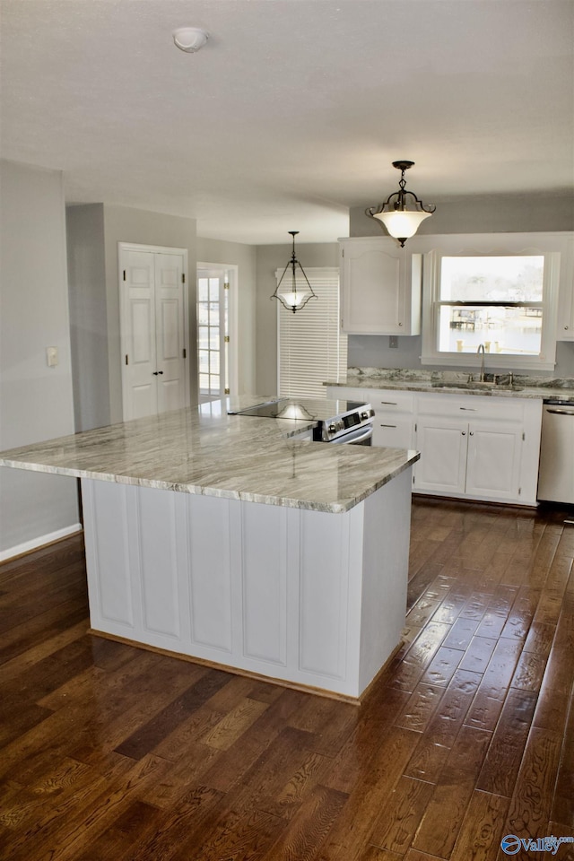 kitchen with white cabinetry, appliances with stainless steel finishes, dark hardwood / wood-style flooring, pendant lighting, and sink