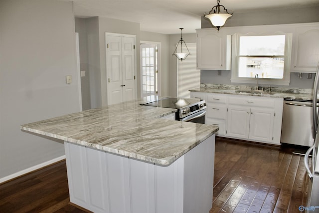 kitchen with a center island, pendant lighting, sink, stainless steel appliances, and white cabinets