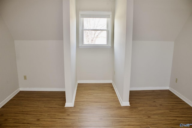 additional living space with dark hardwood / wood-style flooring and lofted ceiling