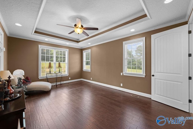 interior space with dark hardwood / wood-style floors, a raised ceiling, and a textured ceiling