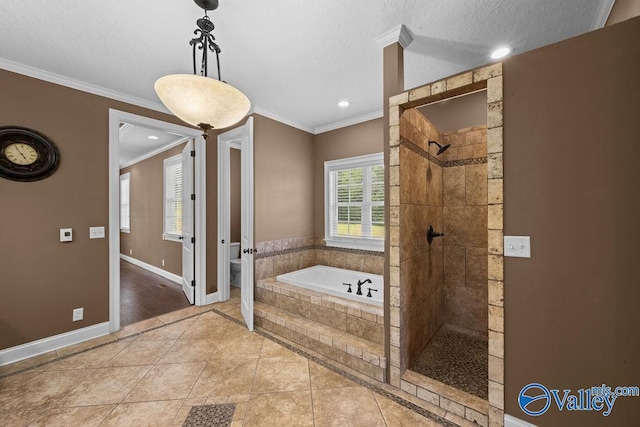 bathroom with tile patterned flooring, separate shower and tub, ornamental molding, a textured ceiling, and toilet