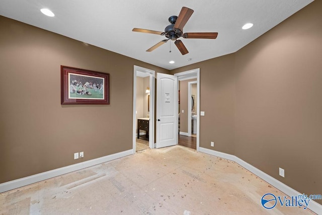 unfurnished bedroom with ceiling fan and ensuite bathroom