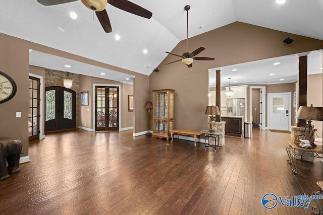 living room featuring ceiling fan, high vaulted ceiling, dark hardwood / wood-style flooring, and french doors