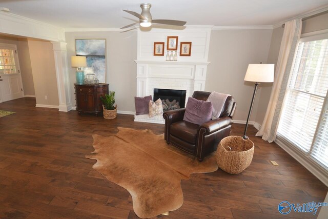 interior space with crown molding, a brick fireplace, ceiling fan, and dark hardwood / wood-style floors