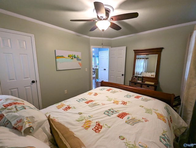 bedroom with ceiling fan and ornamental molding