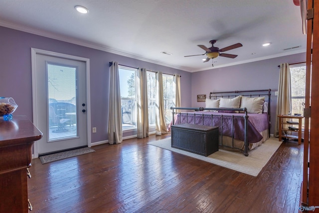 bedroom featuring ceiling fan, access to outside, dark wood-type flooring, and crown molding