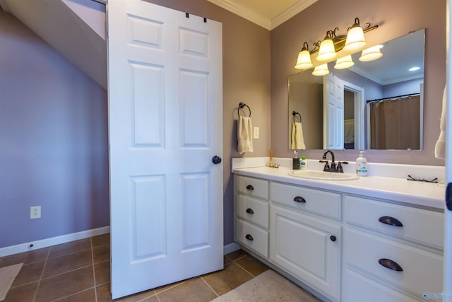 bathroom featuring walk in shower, vanity, tile patterned flooring, and ornamental molding