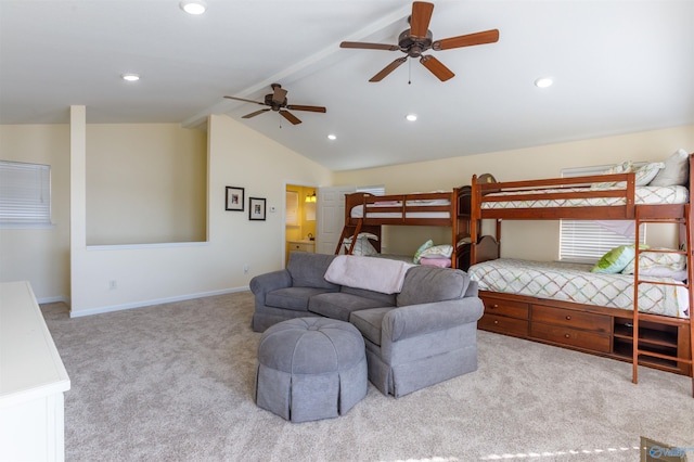 bedroom featuring ceiling fan, light carpet, and lofted ceiling with beams