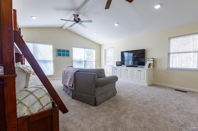 living room featuring ceiling fan, light carpet, and lofted ceiling with beams