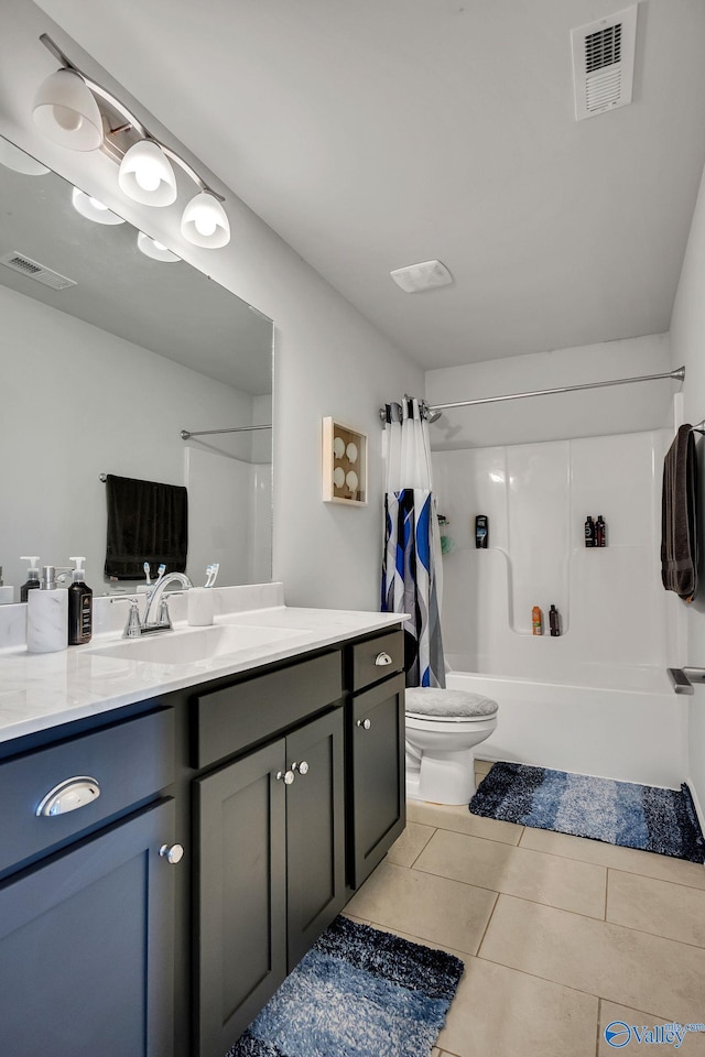 full bath with toilet, tile patterned flooring, shower / bath combo, and visible vents