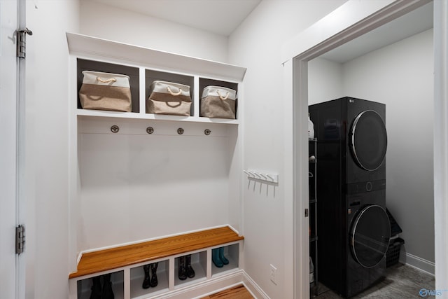 16 Greenbrier Wood, Madison, AL 35756 - mudroom featuring stacked washer and clothes dryer and baseboards