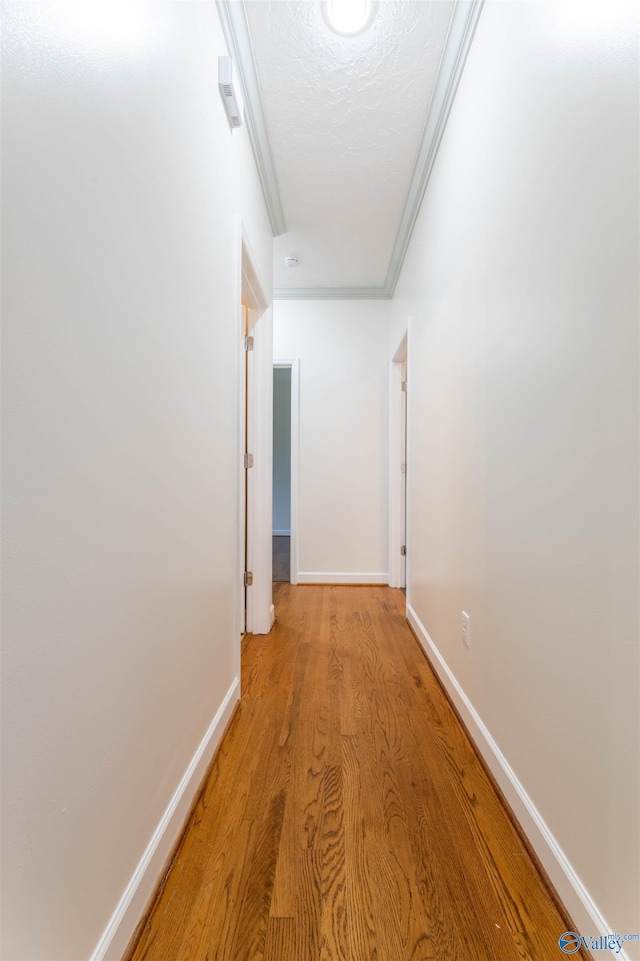 2115 James Dr, Southside, AL 35907 - corridor featuring light wood-style floors, crown molding, baseboards, and a textured ceiling