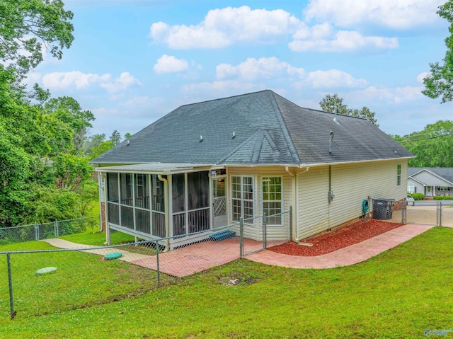 2115 James Dr, Southside, AL 35907 - rear view of house featuring a sunroom, a shingled roof, a patio, a gate, and crawl space