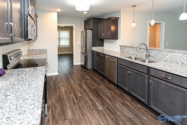 kitchen featuring appliances with stainless steel finishes, tasteful backsplash, dark brown cabinets, a sink, and dark wood-type flooring