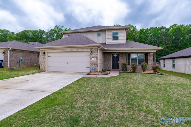 traditional home featuring concrete driveway, brick siding, an attached garage, and a front yard