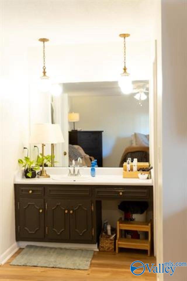 bathroom featuring vanity and hardwood / wood-style flooring