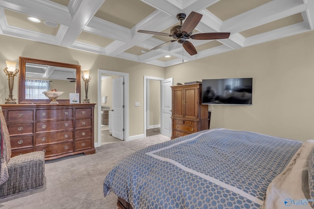 bedroom featuring beam ceiling, ensuite bath, ceiling fan, light carpet, and ornamental molding